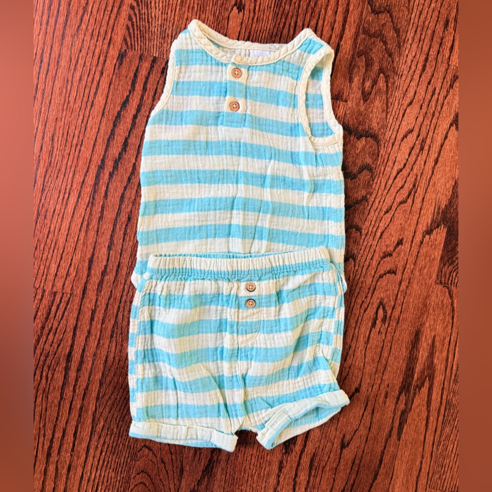 Cat & Jack Striped Blue Tank and Shorts - Muslin Summer Outfit - Size 18 months